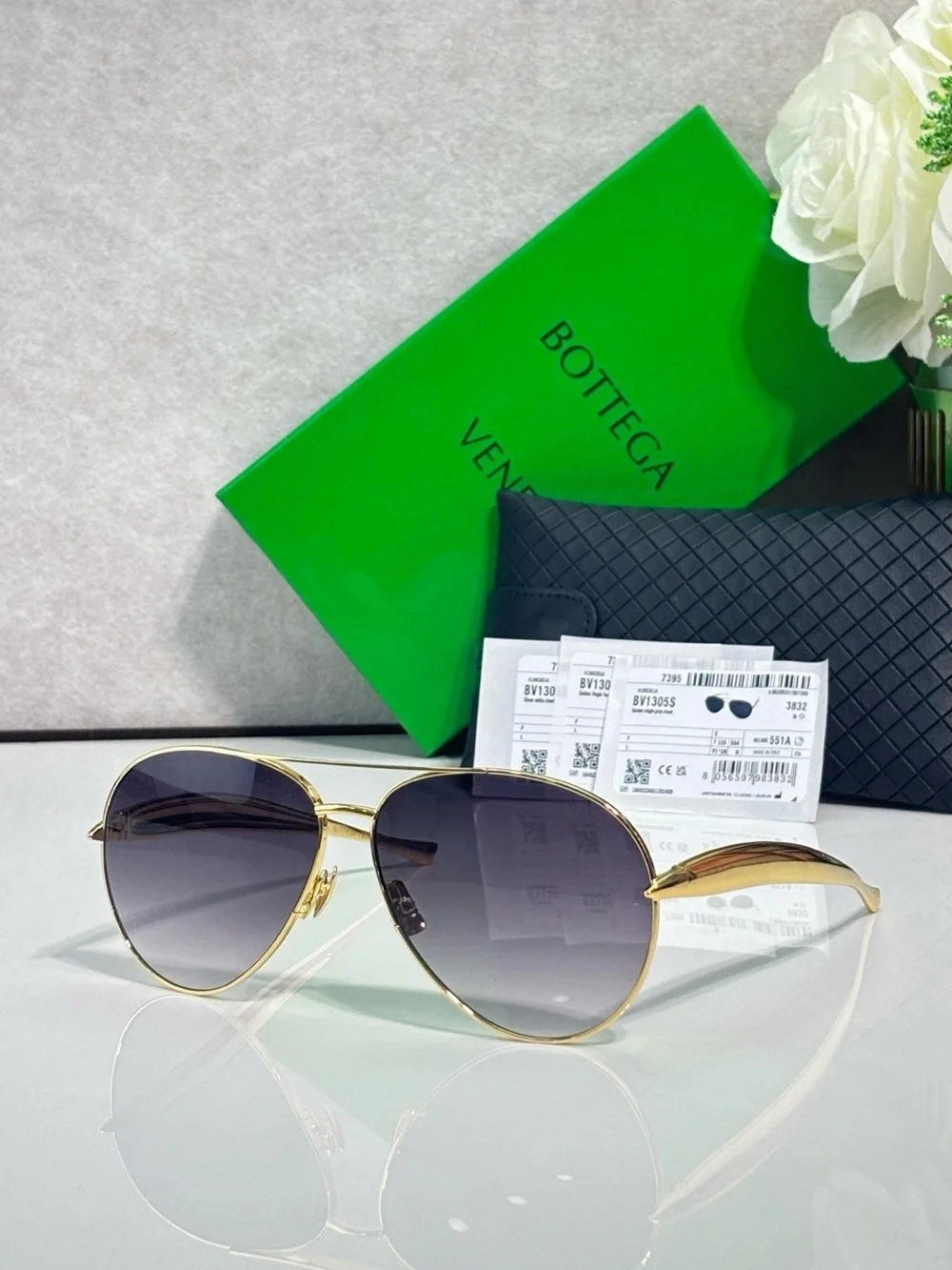 Bottega Veneta Gold Frame Sunglasses with Gradient Gray Lenses